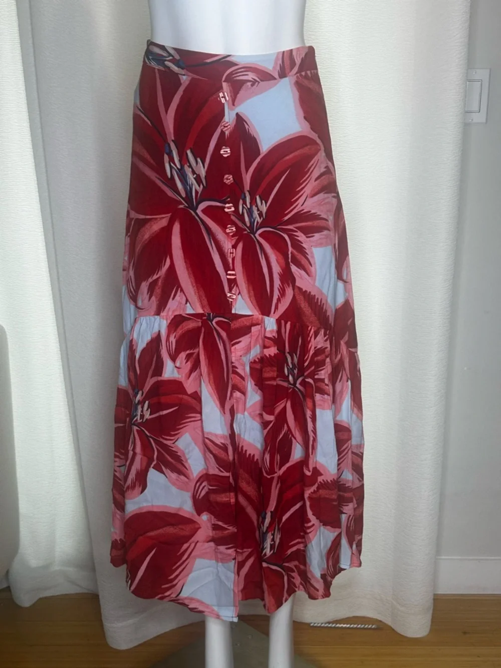 Floral Tiered Midi Skirt - Red Floral Small - Picture 1 of 6